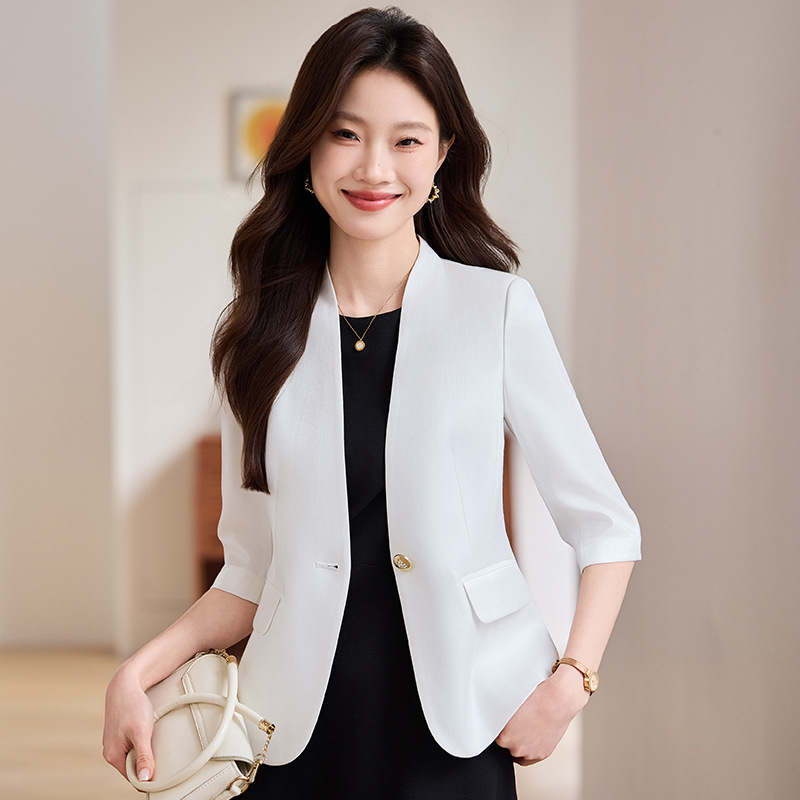 Champagne Color Suit Jacket Women's Seven-point Sleeve 2025 New Spring Thin Business Wear Elegant Waist Suit Top