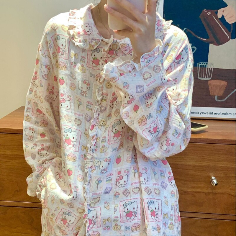 100% Cotton! Strawberry Cat Class a All-Cotton Double-Layer Gauze Ruffled Doll Collar Long-Sleeve Long-Pants Pajamas for Cute Girls 100% Cotton! Strawberry Cat Class a All-Cotton Double-Layer Gauze Ruffled Doll Collar Long-Sleeve Long-Pants Pajamas for Cute Girls