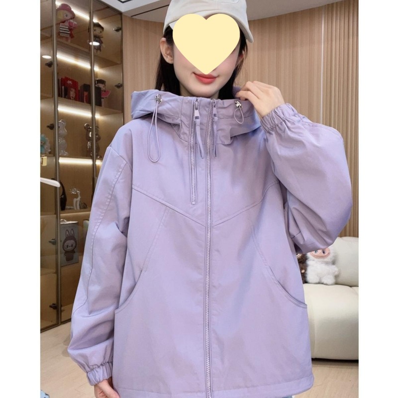 双拉链女款连帽春秋纯色短款休闲拼接防风韩版短外套高级感紫色|undefined