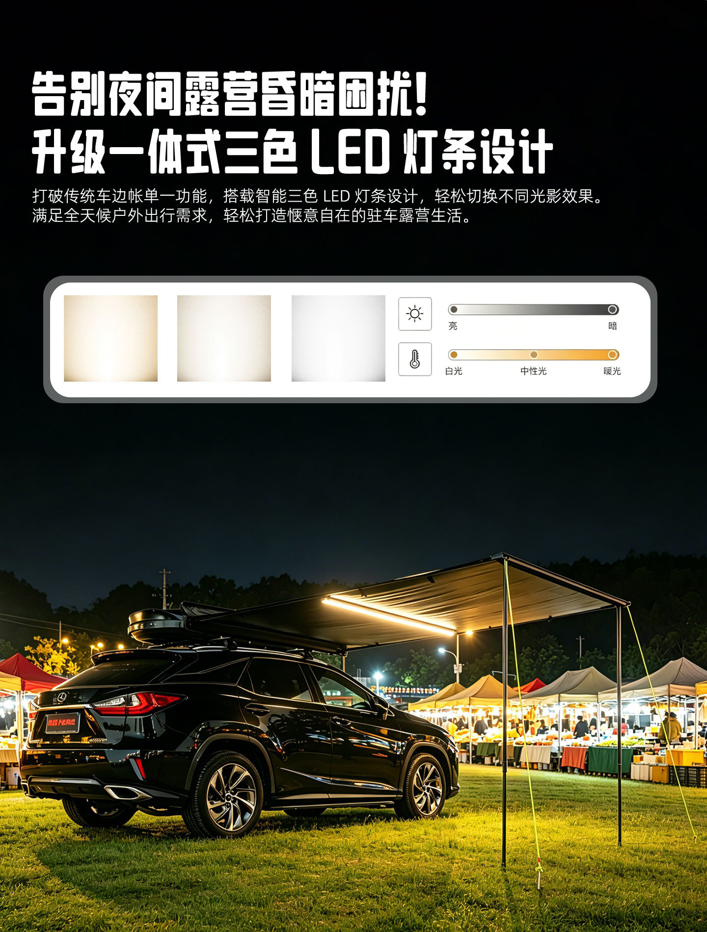 Car Side Canopy Abs Hard Shell Side Tent Quick-Open Black Vinyl Canopy Camping Suv Sunshade Tent