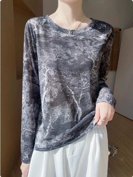 Чернила и краска для женщин Tian Silk Fleet Нижняя рубашка водянистая трикотажная рубашка новый свободный топ с длинными рукавами