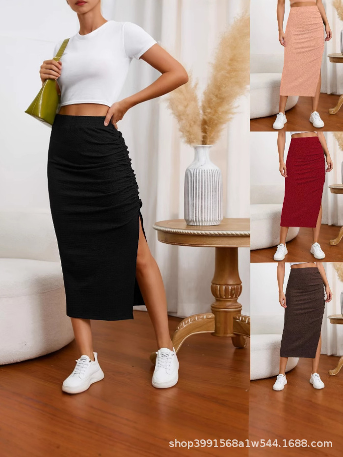 Women Pleated Slit Skirt Black Elastic Summer Fashion