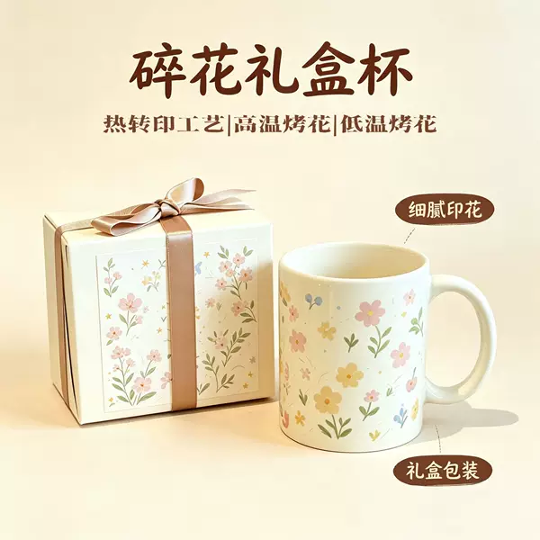 Cartoon floral cup with lid and spoon, heat-transfer couple's cup, high-value breakfast cup, birthday gift cup