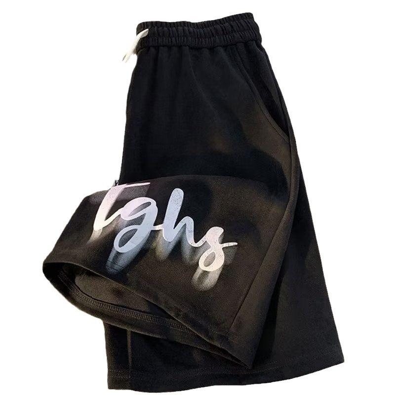 Men's Summer Wide Leg Sports Shorts Black Loose Fit Casual Polyester Teenager Couple Mid Waist Baggy Pants Drawstring_voghion.com