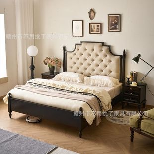 American-Style Vintage Solid Wood Double Bed 1.8m Master Bedroom Large Bed French Mid-Century High-End Elegant New Model 2m Soft Headboard Bed Frame