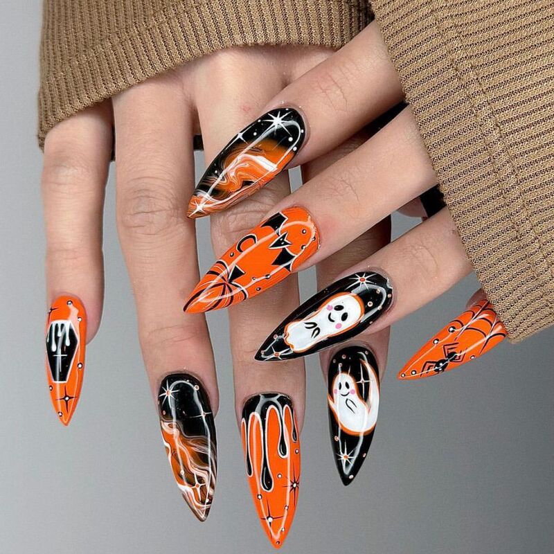 Wm-261 Black Orange a Piao Long Tip Fake Nail Pieces Halloween Orange Ghost Bat Spider Wearable Nail Pieces Wholesale Wm-261 Black Orange a Piao Long Tip Fake Nail Pieces Halloween Orange Ghost Bat Spider Wearable Nail Pieces Wholesale