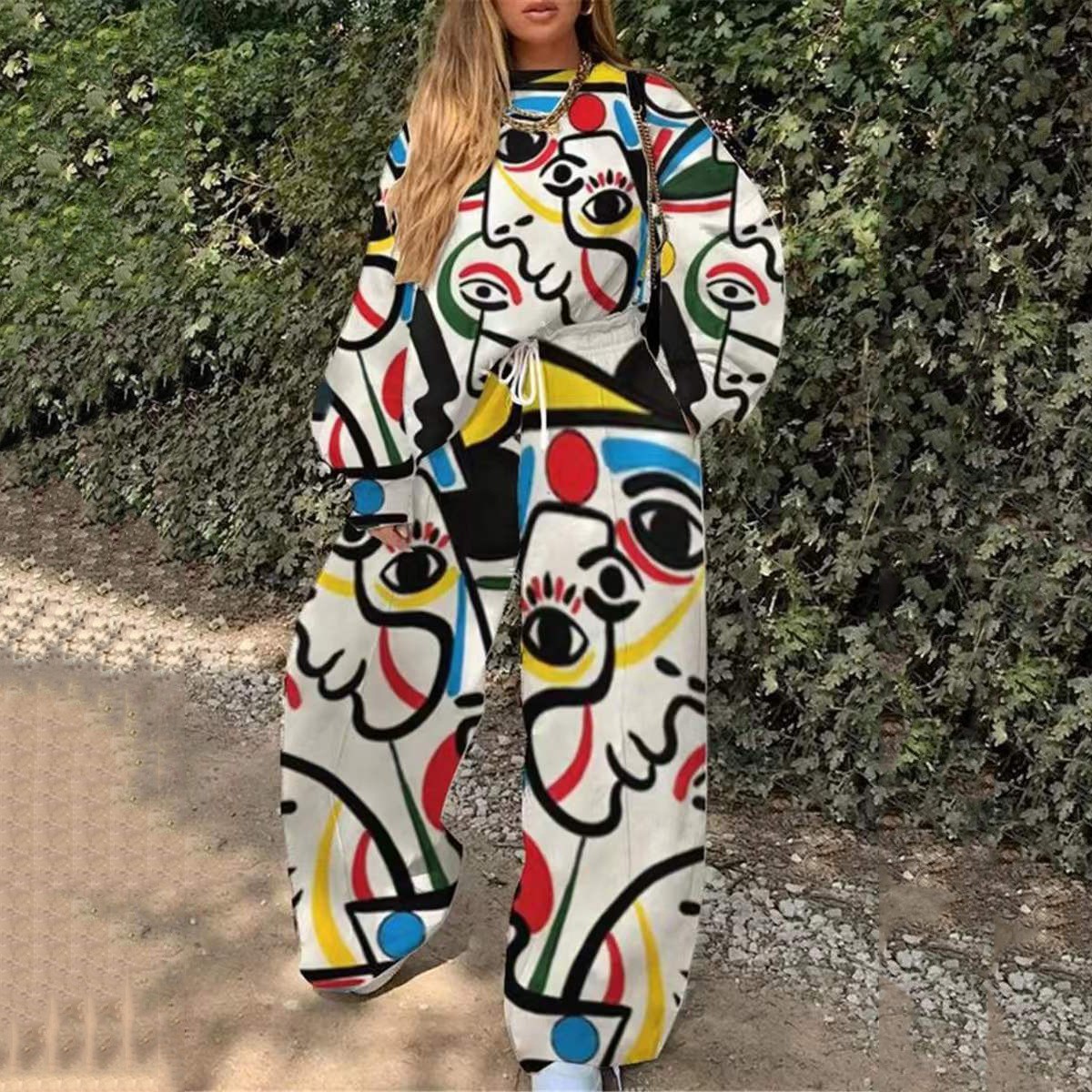 Conjunto de Sudadera Informal con Cuello Redondo y Estampado Holgado para Mujer, Estilo Europeo y Americano, Novedad de Comercio Exterior Transfronterizo para Otoño 2025