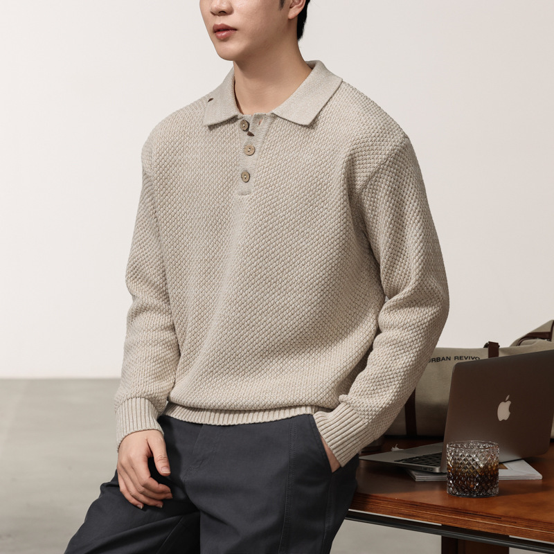 Autumn and winter old money style heavyweight polo collar knit sweater for men, beige, casual style, sophisticated and mature look top Autumn and winter old money style heavyweight polo collar knit sweater for men, beige, casual style, sophisticated and mature look top