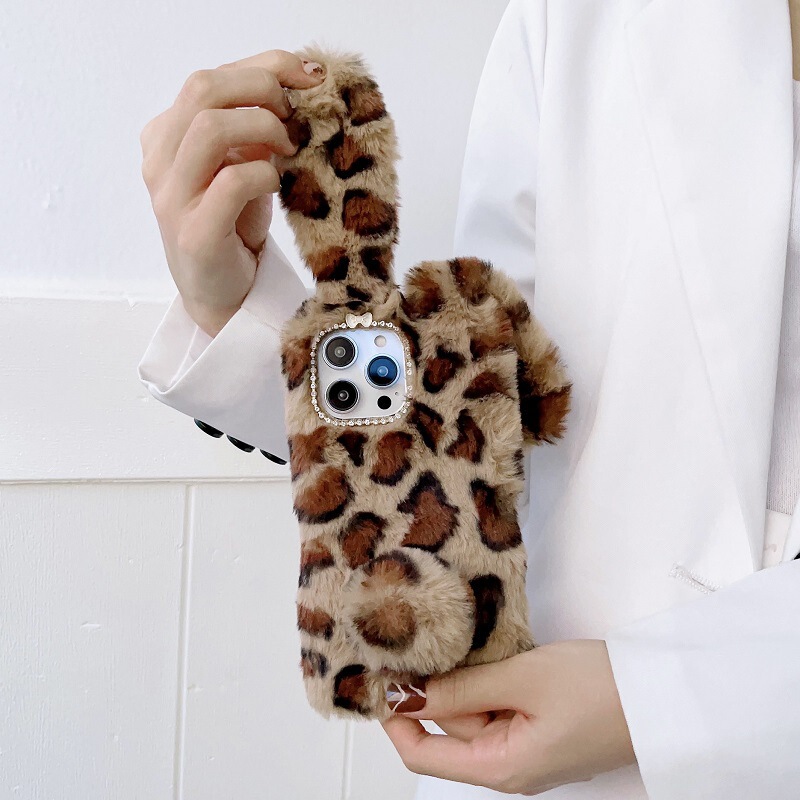 Suitable for iphoen12 rabbit ears leopard print phone case 7/8Plus autumn and winter plush cute 11pro protective case