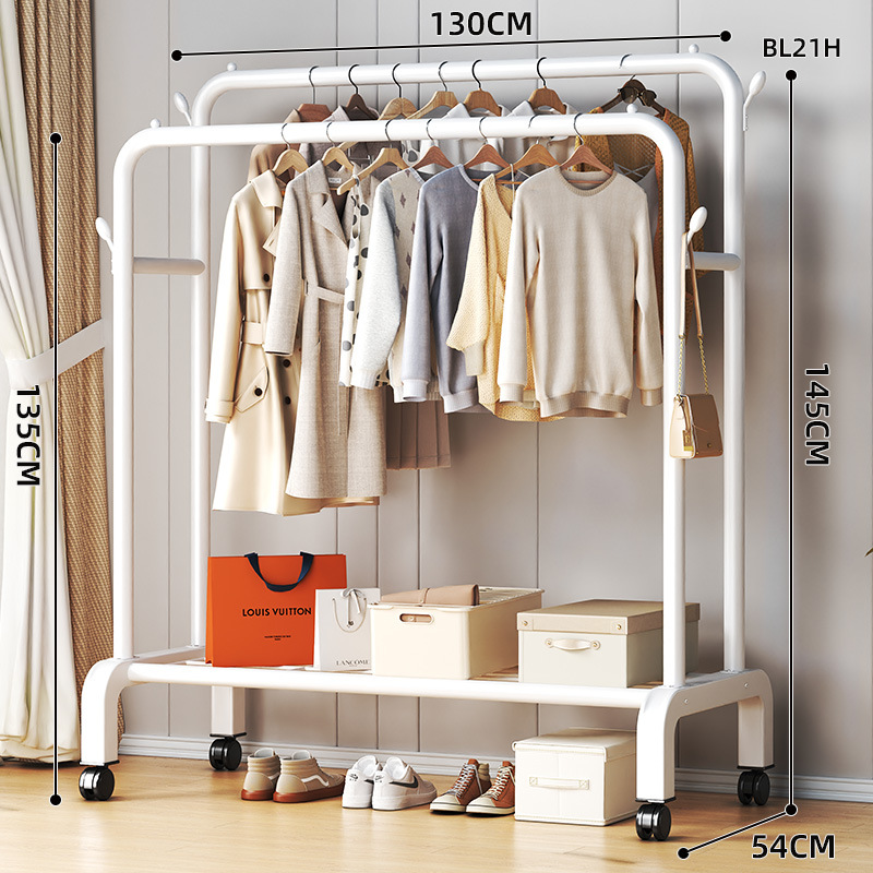 이중 극 130cm 흰색 벨트 풀리 수납 선반 4개의 옷걸이