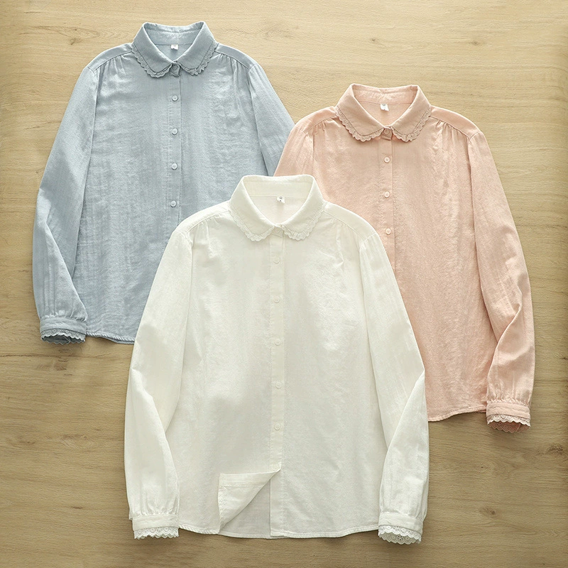 Корейская версия новый сплошной цвет кружевной воротник дамы сплошной цвет кардиган нижний рубашка с длинными рукавами оптом