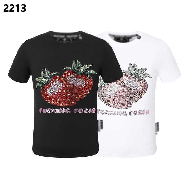 Spring and Summer Plein Short-Sleeve Pure Cotton T-Shirt for Men, Round Neck, Bold and Unique Design with Pp Rhinestone Skull, Fashionable Men's Short T-Shirt