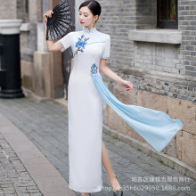 旗袍秀演出服长款中国风优雅复古大码连衣裙礼仪走秀表演裙夏