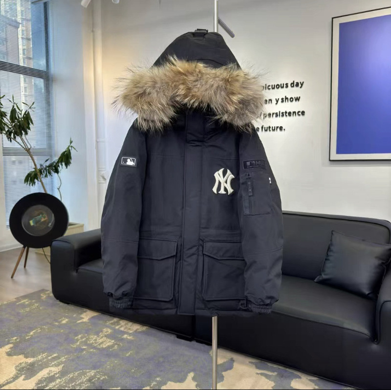 高級MLB男女兼用カジュアル多用途フード付き冬用ダウンジャケット、大きなファー襟付きカップル向けミドル丈厚手|undefined