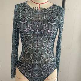 工厂现货新款蟒蛇纹冲浪防晒潜水服休闲长袖连体网纱泳衣比基尼