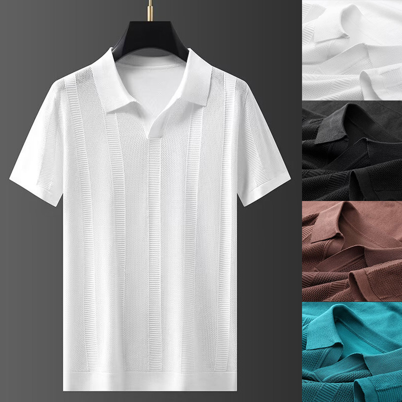 Polo camiseta de punto camiseta de manga corta camiseta de hombre cuello en V gaviota cuello textural vieja fábrica de viento de verano al por mayor