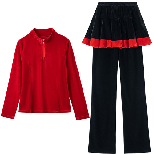 Luoshen square dance costume gold velvet suit autumn and winter new splicing sports fitness thickened dance suit skirt pants for women