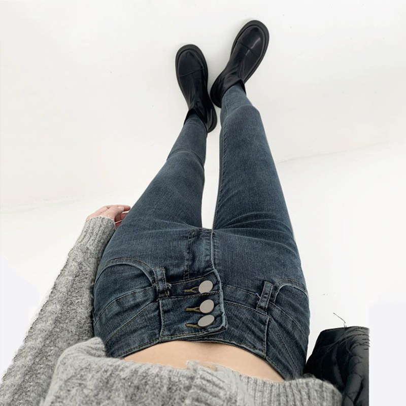 Blue and Gray single-breasted Korean-style slim-fit stretch pants tight cropped pants ultra high waist belly contracting pencil skinny jeans for women