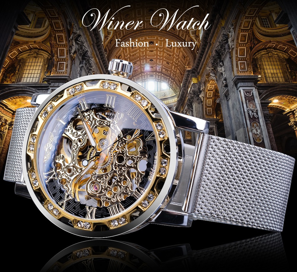 Men's Skeleton Mechanical Watch With Rhinestone Mesh Strap_voghion.com