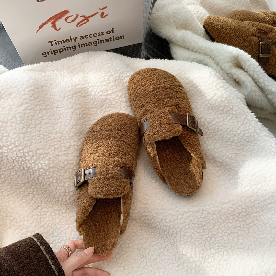 Теплые домашние тапочки A266 Huidong Yixin Da 2025 в ретро-стиле, из овечьей шерсти, в стиле Birkenstock, женские, на толстой подошве, закрытые, меховые.