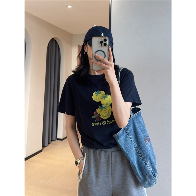 Youthful and soothing hand-painted tomato letter print bamboo cotton breathable short-sleeve T-shirt for women 2026 new