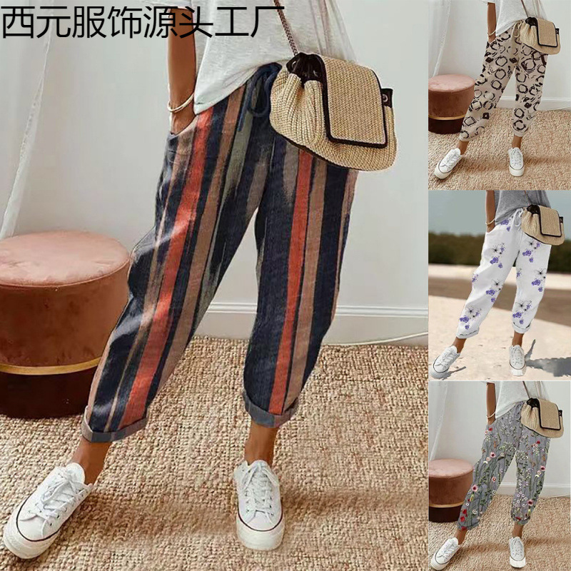 2024 Cross-Border Amazon Ebay Independent Site Wish European and American Style Floral Print Pocket Casual Pants Long Pants