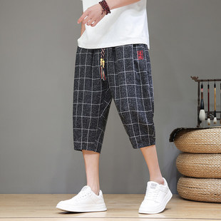 2024 summer new plaid cropped pants men's Chinese style retro embroidery casual shorts beach pants a generation of hair