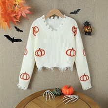 2025万圣节新款南瓜图案V领套头毛衣女童秋冬休闲针织衫外贸爆款