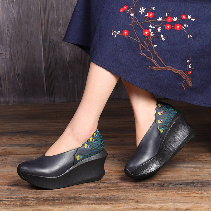 Original Hand-Painted Peacock Feather Platform Wedge Shoes for Women, Retro Thick-Soled Height-Increasing Lightweight Genuine Leather Women's Shoes