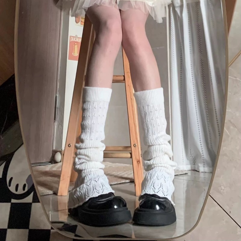 春秋镂空花纹针织堆堆袜套女白色复古微喇阔腿灰色小腿套配鲨鱼裤|undefined