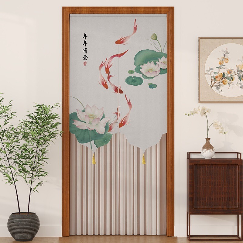 Chinese-Style Door Curtain for Summer Mosquito Prevention, Partition Curtain, Chinese-Style Printed Screen Door for Home Use in Bedroom and Kitchen, No Drilling Required