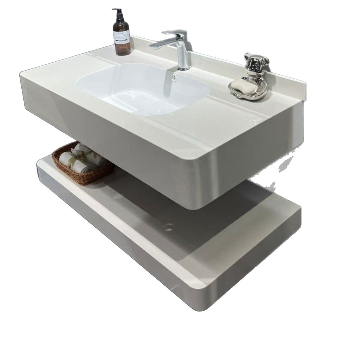 Todo el cuerpo de la placa de roca arco sin costura lavabo lavabo gabinete de baño hotel ingeniería de decoración del hogar redondeado diseño de esquina residencial
