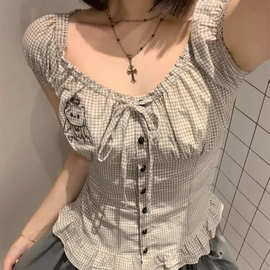 2026夏季新款宅萌可爱日系古早感格子花边短袖衬衫女甜美百搭上衣