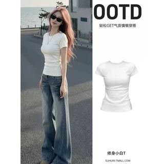 白色紧身上衣短女夏季修身收腰显瘦美式辣妹休闲简约正肩短袖t恤