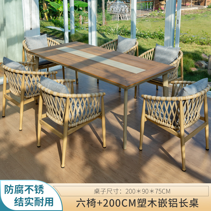 Seis sillas 200cm mesa larga de aluminio con incrustaciones de madera de plástico