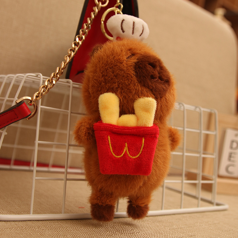 Creativo lindo pan de papas fritas felpa Kapibala colgante hamburguesa carpincho muñeca colgante pequeño llavero