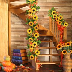 跨境向日葵藤條仿真花婚慶桌面裝飾樓梯大門裝飾新款花園裝飾藤曼