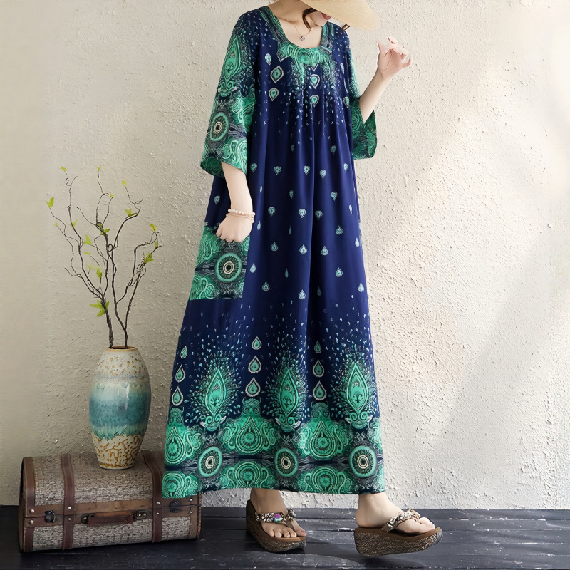 Cross-Border Foreign Trade Rayon Silk Round Neck Floral Dress Loose Plus Size Maternity Dress 100kg Long Dress for Plus Size Girls Cross-Border Foreign Trade Rayon Silk Round Neck Floral Dress Loose Plus Size Maternity Dress 100kg Long Dress for Plus Size Girls