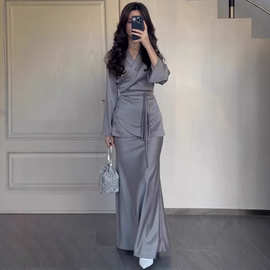 腰接收长裙套装感外贸新款拼缎面春季跨境2026欧美设计亚马逊女