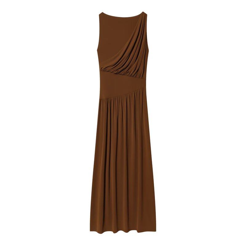 Pb&Za Cross-Border New Women's Fashion Pleated Decorative Side Fashion Belt Round Neck Sleeveless Long Dress 5039242