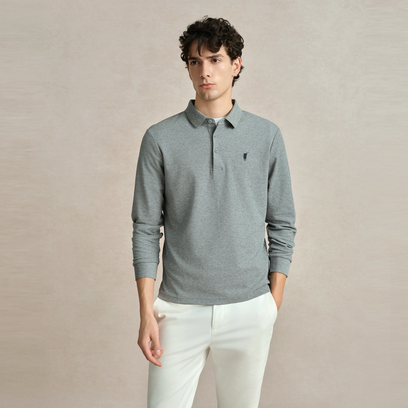 Cross-Border New Men's Ralph Lauren Long-Sleeve Polo Shirt for Men, Autumn and Winter Business Solid Color Embroidered Pony Long-Sleeve Polo