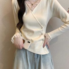 大码不规则假两件蕾丝半高领长袖T恤女春秋新款修身显瘦短款上衣