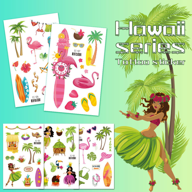 Children Tattoo Sticker Tropical Hawaiian Cartoon Boy Girl Cute Waterproof Temporary Face Sticker Cross Border in stock