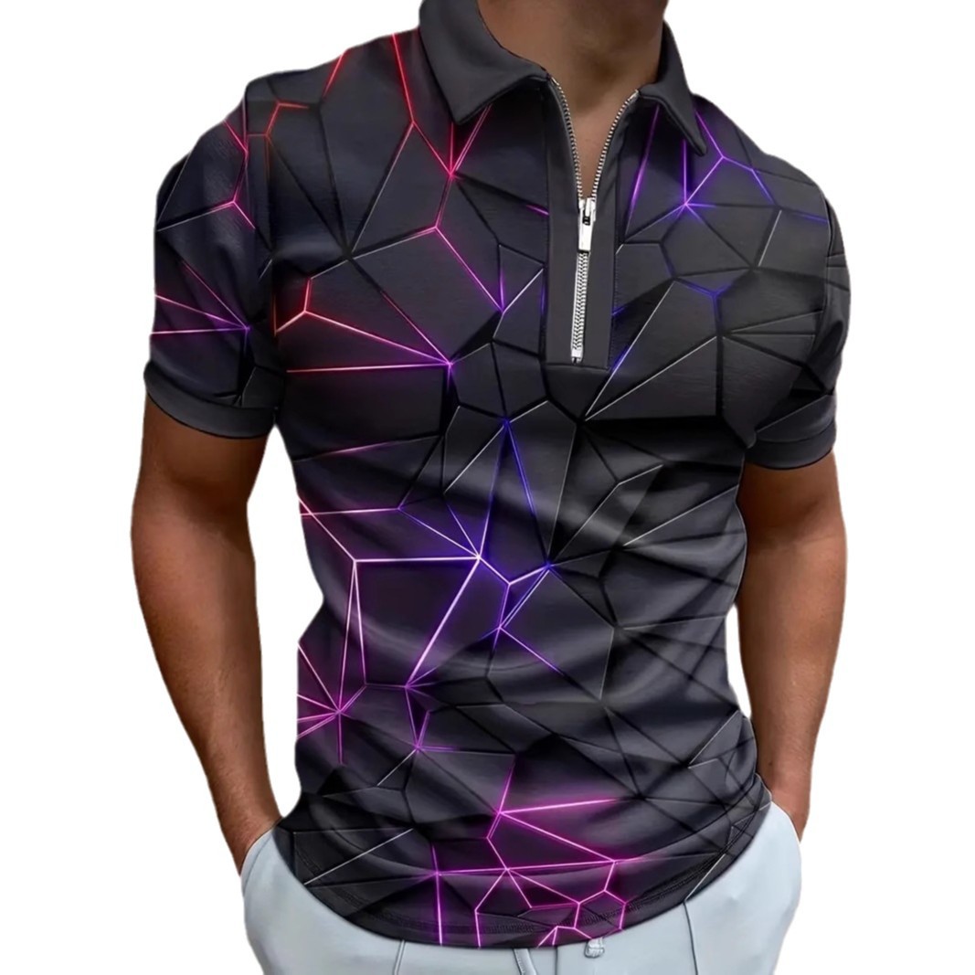 Tendencia de moda tecnología de sentido metálico impresión 3D hombres negocios calle principal malla suelta cremallera transpirable camisa POLO