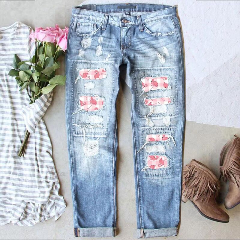 Europe and the United States cross-border Amazon independent new hole printing casual straight waist women's washed jeans