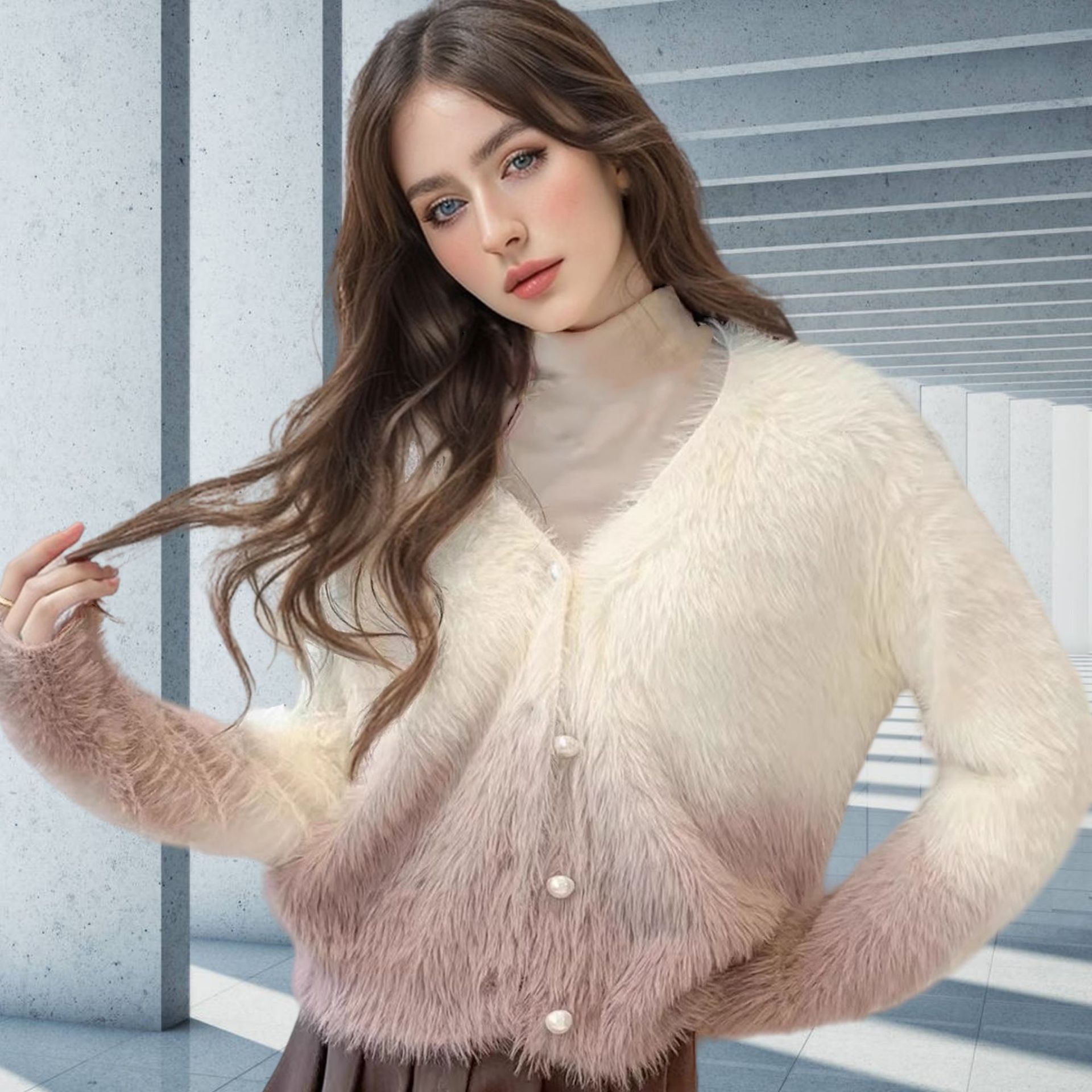 Herbst und Winter V-Ausschnitt kurze Nerzpelz Krawatte de Pullover Jacke, Damenoberbekleidung, Strickjacke Top,_voghion.com