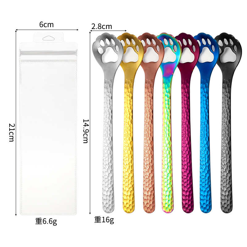 Cuchara de garra de gato de acero inoxidable 304 Cuchara de hielo de mango largo Taza de mezcla de miel Cuchara de postre de café de helado al por mayor