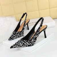 869-A22 style banquet high heels, women's shoes, back empty shoes, shallow cut pointed hollow back strap, sequin single shoes