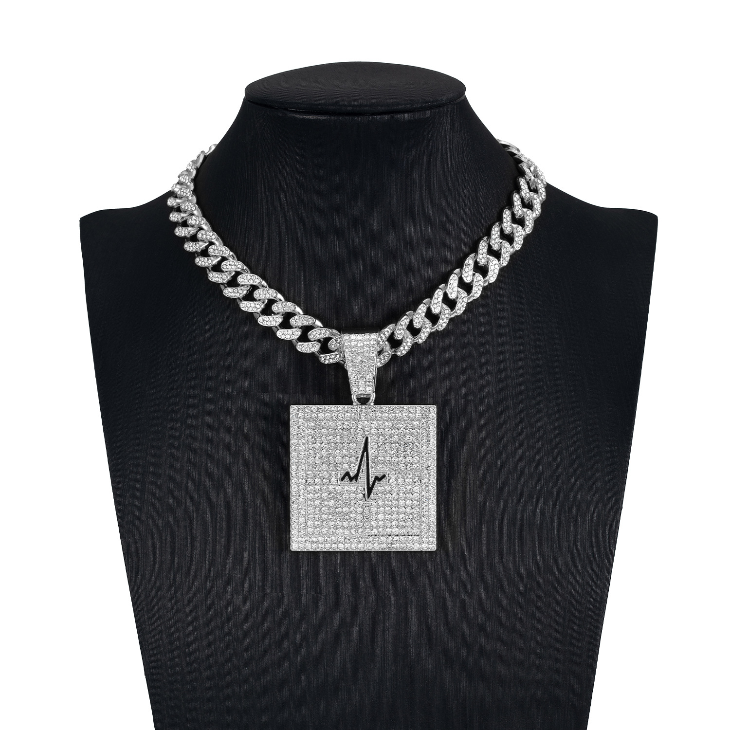 New Square Plate ECG Pendant Alloy Full Diamond Cuban Link Chain Hip Hop Style Trendy Men's Jewelry  Price display picture 7