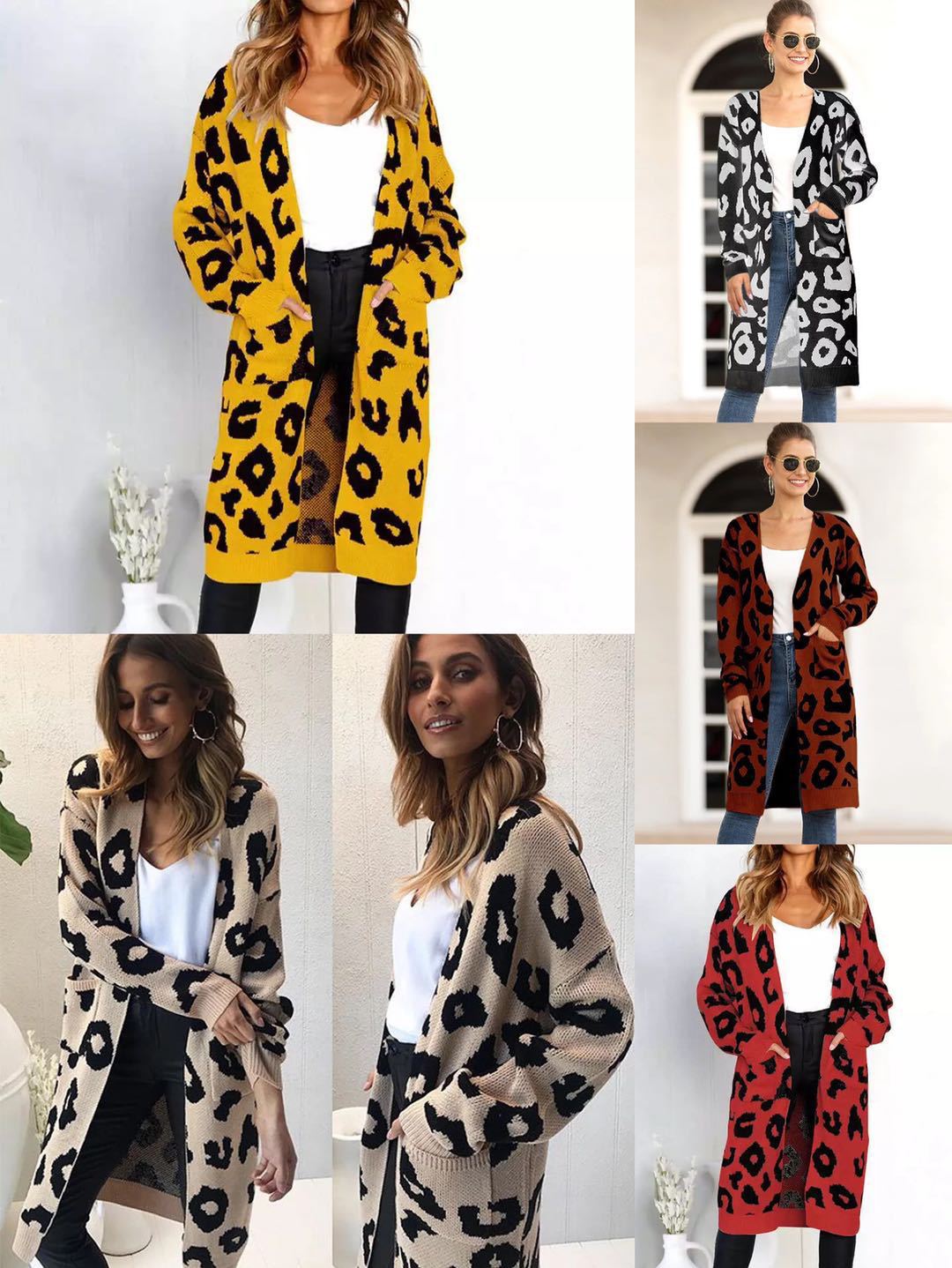Women's Clothing leopard print sweater loose mid length knitted cardigan top one piece drop shipping_voghion.com